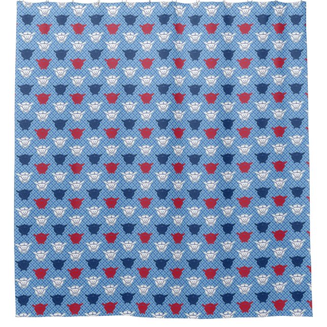 Japanese rabbit print, blue with red and white shower curtain (Front)