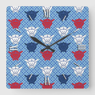 Japanese rabbit print, blue with red and white square wall clock