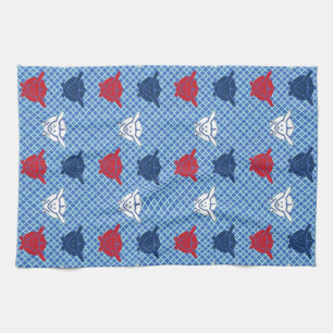 Japanese rabbit print, blue with red and white tea towel