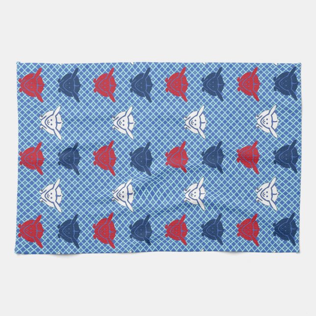 Japanese rabbit print, blue with red and white tea towel (Horizontal)