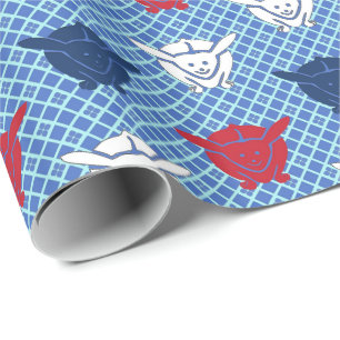 Japanese rabbit print, blue with red and white wrapping paper