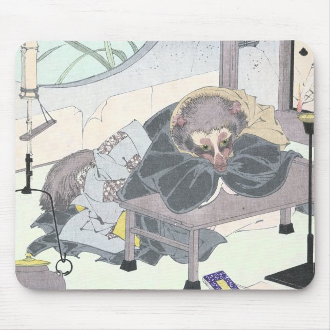 Japanese Raccon Dog Tanuki Ukiyo-e by Yoshitoshi Mouse Pad (Front)