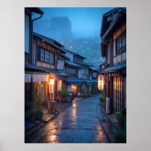 Japanese Rainy Street Cozy Urban Poster