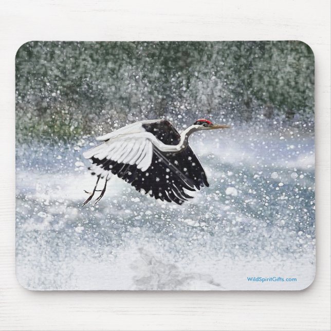 Japanese Red-crested Crane Flying in Snow Mouse Pad (Front)