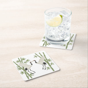 Japanese Red-Crowned Cranes Embroidery Bamboo gift Square Paper Coaster