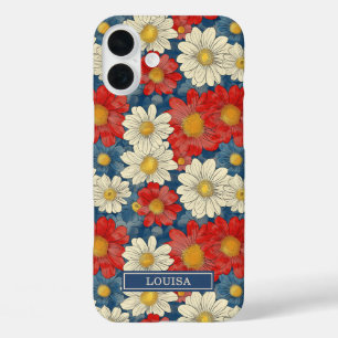 Japanese Red Floral Pattern Monogrammed iPhone 16 Plus Case