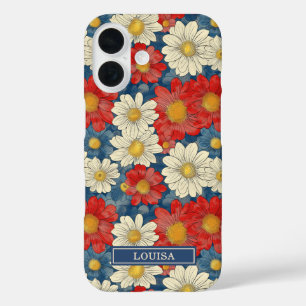 Japanese Red Floral Pattern Monogrammed iPhone 16 Case