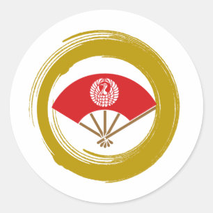 Japanese Red folding Fan & Crane Gold Enso Classic Round Sticker