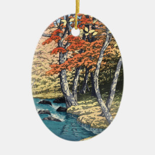 Japanese Red Maple River Shin-hanga Poster Ceramic Ornament