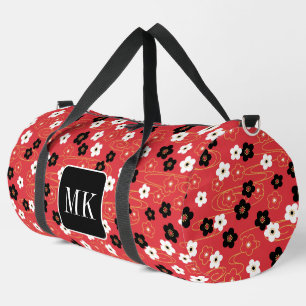 Japanese Red Sakura Blossom Monogram Initials Duffle Bag