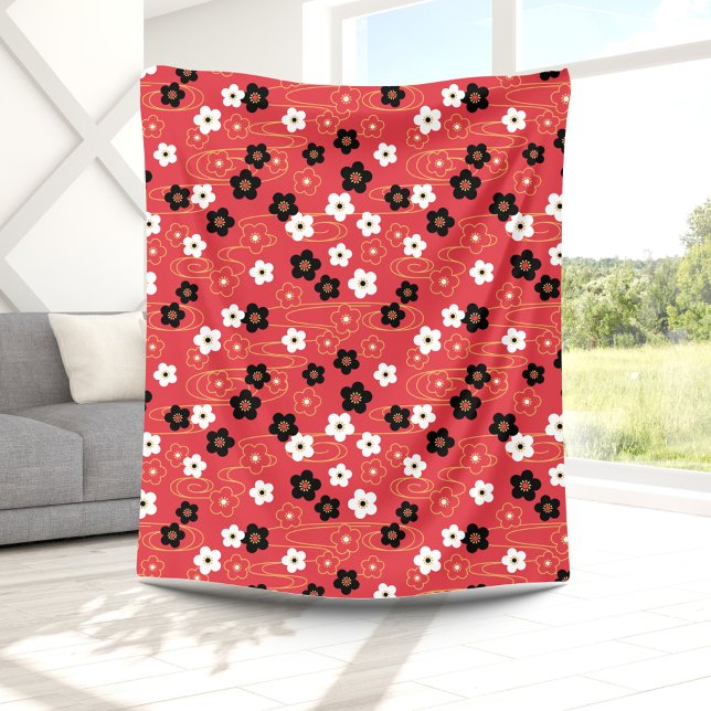 Japanese Red Sakura Cherry Blossom Flowers Fleece Blanket (Creator Uploaded)