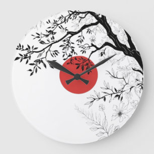 Japanese Red Sun & Brush Tree Art Large Clock