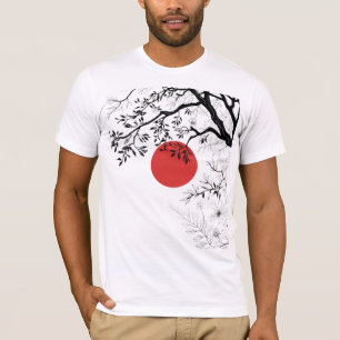 Japanese Red Sun & Brush Tree Art T-Shirt