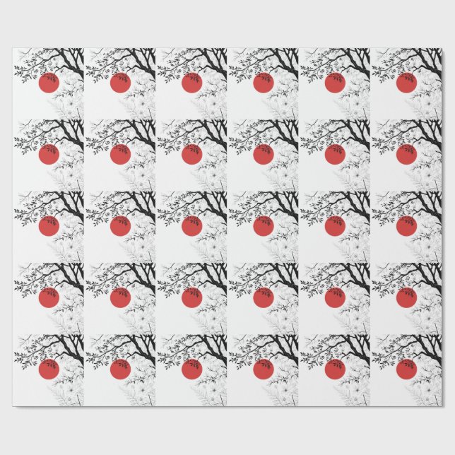 Japanese Red Sun & Brush Tree Art Wrapping Paper (Flat)