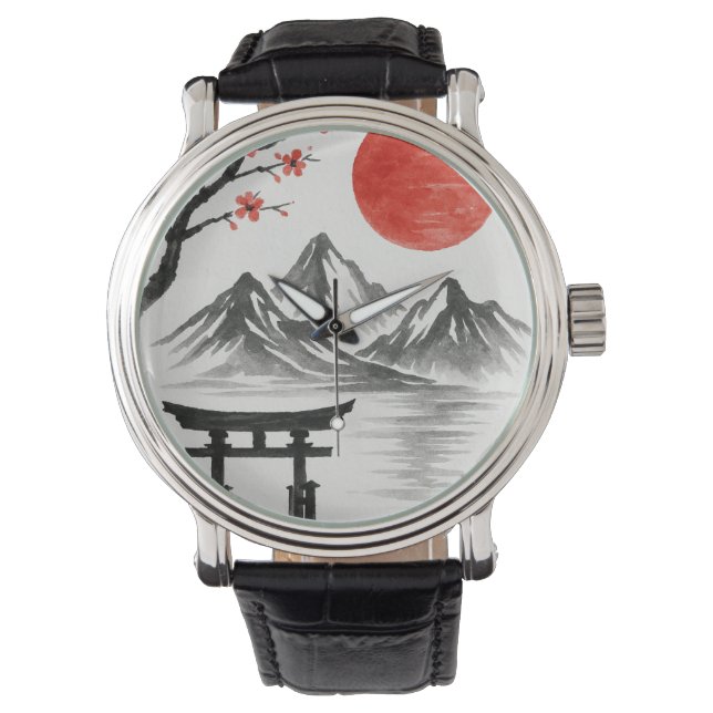 Japanese Red Sun Mountain Landscape Watch (Front)