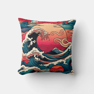 Japanese Red Sunset Ocean Wave Art Cushion