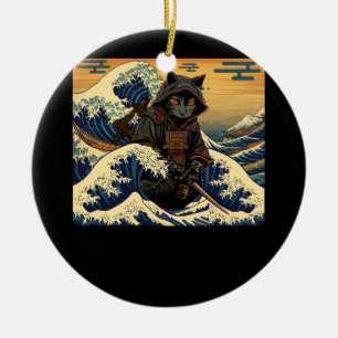 Japanese Retro Samurai Cat The Great Wave By Hokus Ceramic Ornament