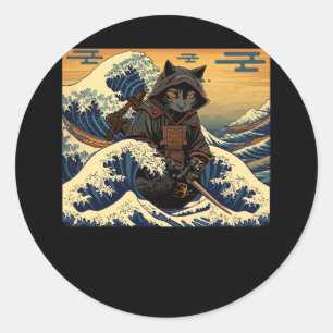 Japanese Retro Samurai Cat The Great Wave By Hokus Classic Round Sticker
