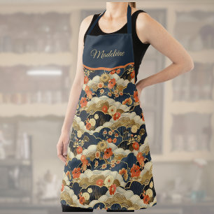 Japanese Retro Teal Floral Kimono Print Monogram Apron