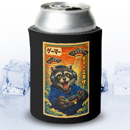 Japanese Retro Vintage UFO Racoon Funny Gamer Can Cooler