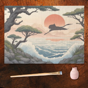 Japanese Rocky Coast Sunset Landscape and Egret Tissue Paper