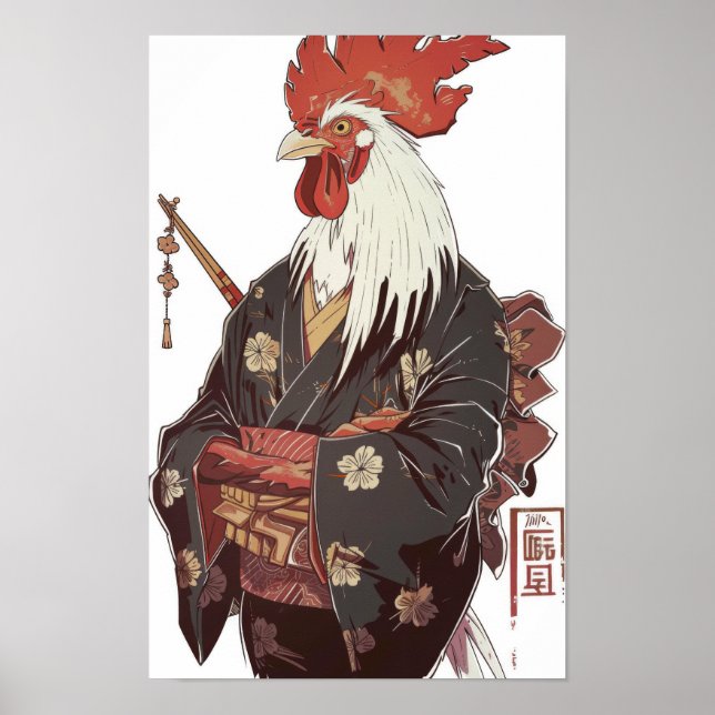Japanese Rooster in Kimono with Chopsticks Poster (Front)