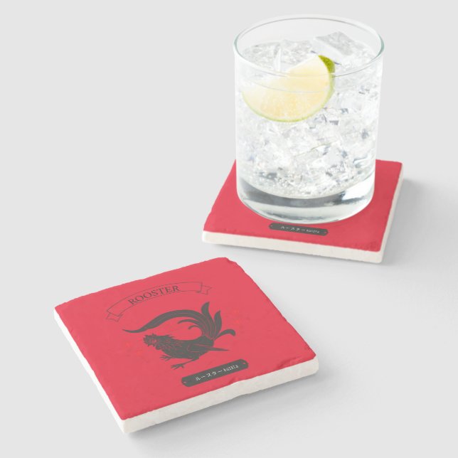Japanese Rooster red Stone Coaster (Side)