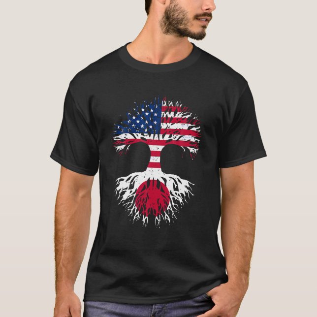 Japanese Roots American Grown Tree USA Flag Funny  T-Shirt (Front)