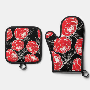 Japanese Rose Flower Design Oven Mitt & Pot Holder Set