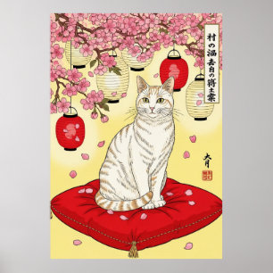 Japanese Sakura Cat Art Red Cushion Lanterns Poster