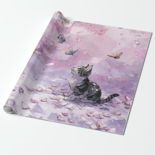 Japanese Sakura Cat with Blue & Pink Butterflies Wrapping Paper