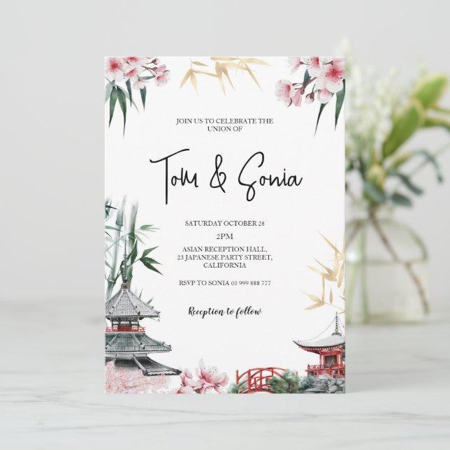Japanese Sakura Cherry Blossom Asian Wedding  Invitation (Standing Front)