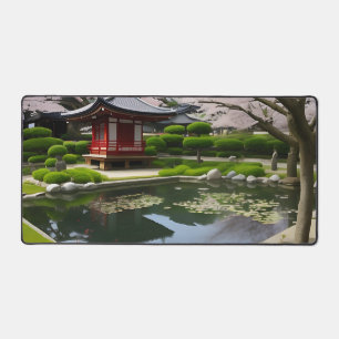 Japanese Sakura Cherry Blossom Garden Shrine Pond Desk Mat
