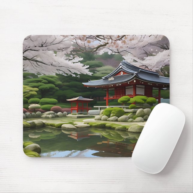 Japanese Sakura Cherry Blossom Garden Shrine Pond Mouse Pad (With Mouse)
