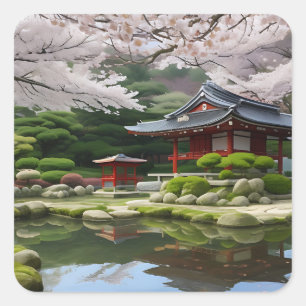 Japanese Sakura Cherry Blossom Garden Shrine Pond Square Sticker