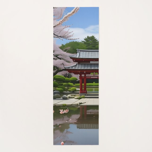Japanese Sakura Cherry Blossom Garden Shrine Pond Yoga Mat (Back)