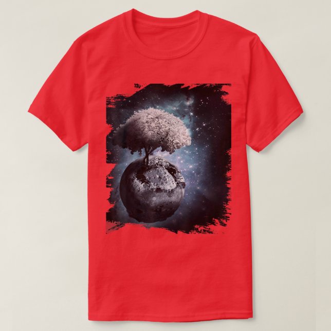 Japanese Sakura Cherry Blossom Tree On Space Moon  T-Shirt (Design Front)