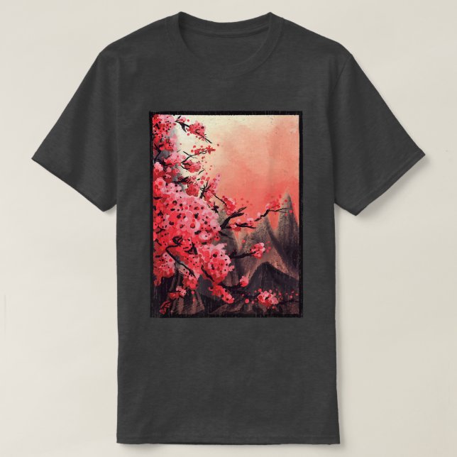Japanese Sakura Cherry Blossom Woodblock Art Print T-Shirt (Design Front)