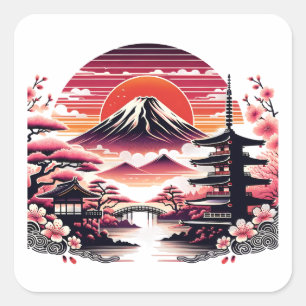 Japanese Sakura Garden Mount Fuji Cherry Blossom Square Sticker
