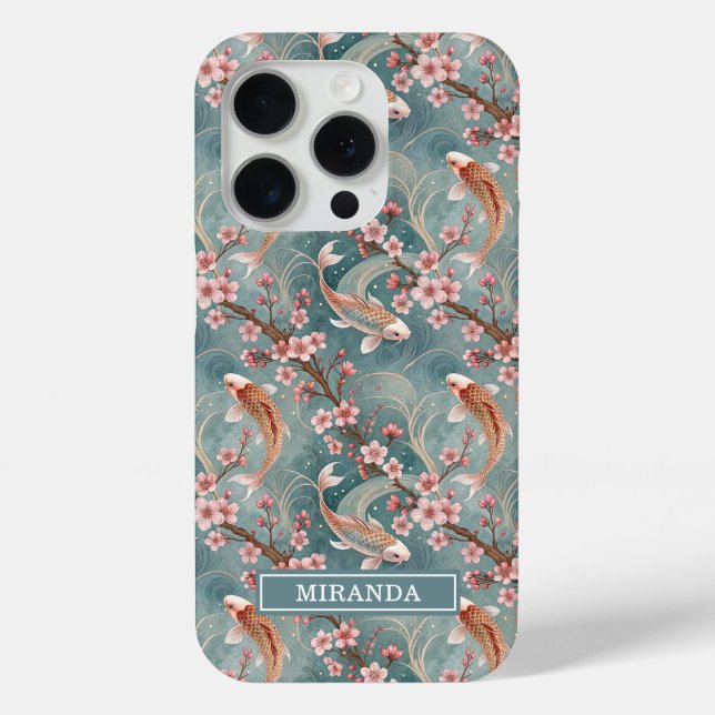 Japanese Sakura Koi Fish Pattern Monogrammed Case-Mate iPhone Case (Back)