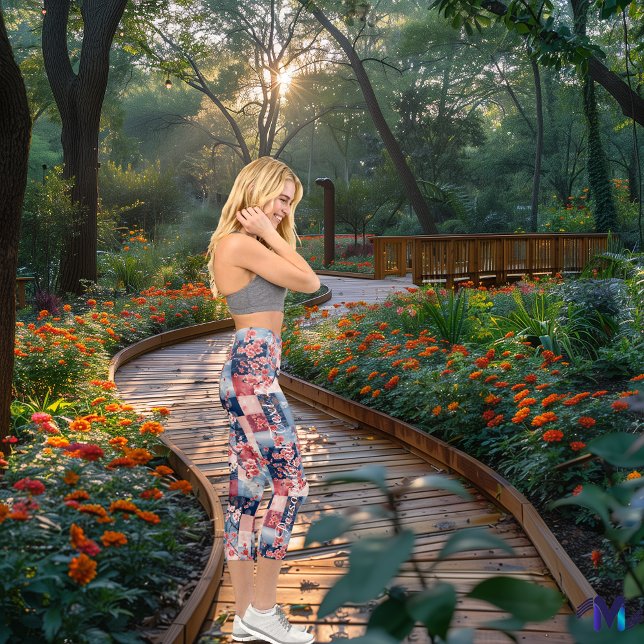 Japanese Sakura Patchwork in Blue and Coral Capri Leggings (Creator Uploaded)