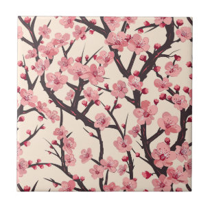 Japanese Sakura Pink Blossom Dark Branch Cream Ceramic Tile