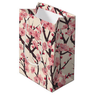 Japanese Sakura Pink Blossom Dark Branch Cream Medium Gift Bag