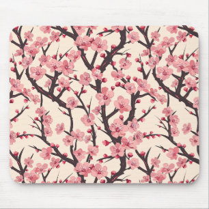 Japanese Sakura Pink Blossom Dark Branch Cream Mouse Pad