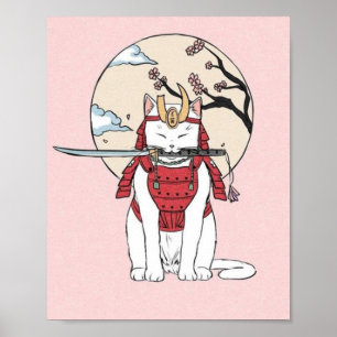 Japanese Sakura Samurai Cat Poster