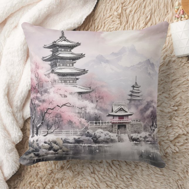 Japanese Sakura Tree Pagoda and Bridge Pink Grey Cushion (Blanket)