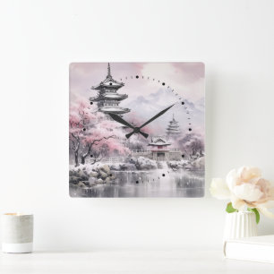 Japanese Sakura Tree Pagoda and Bridge Pink Grey Square Wall Clock