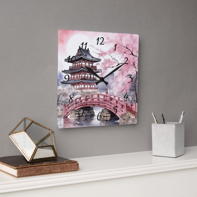 Japanese Sakura Tree Pagoda and Bridge Pink Grey Square Wall Clock (Office)
