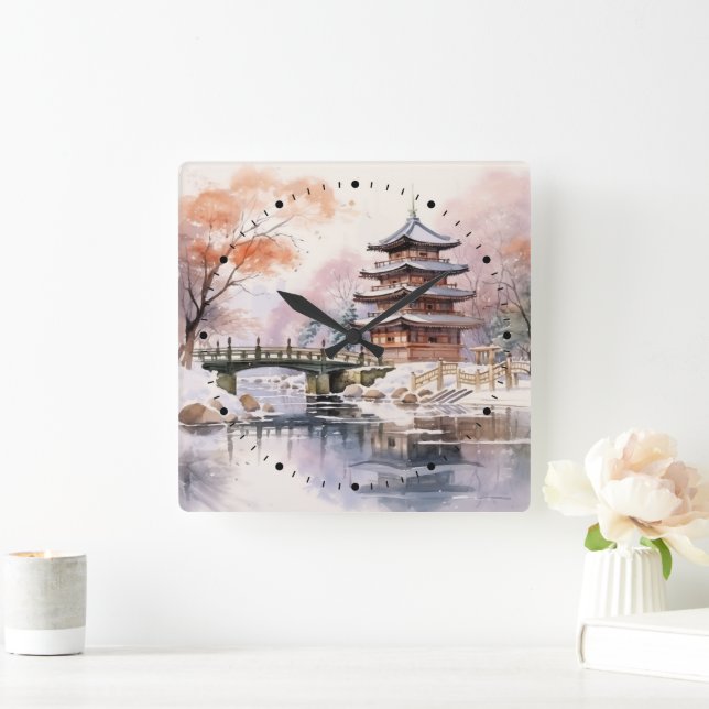 Japanese Sakura Tree Pagoda and Bridge Pink Grey Square Wall Clock (Home)