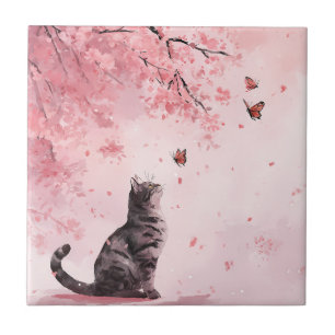 Japanese Sakura Tree with Black Cat and Butterfly Ceramic Tile